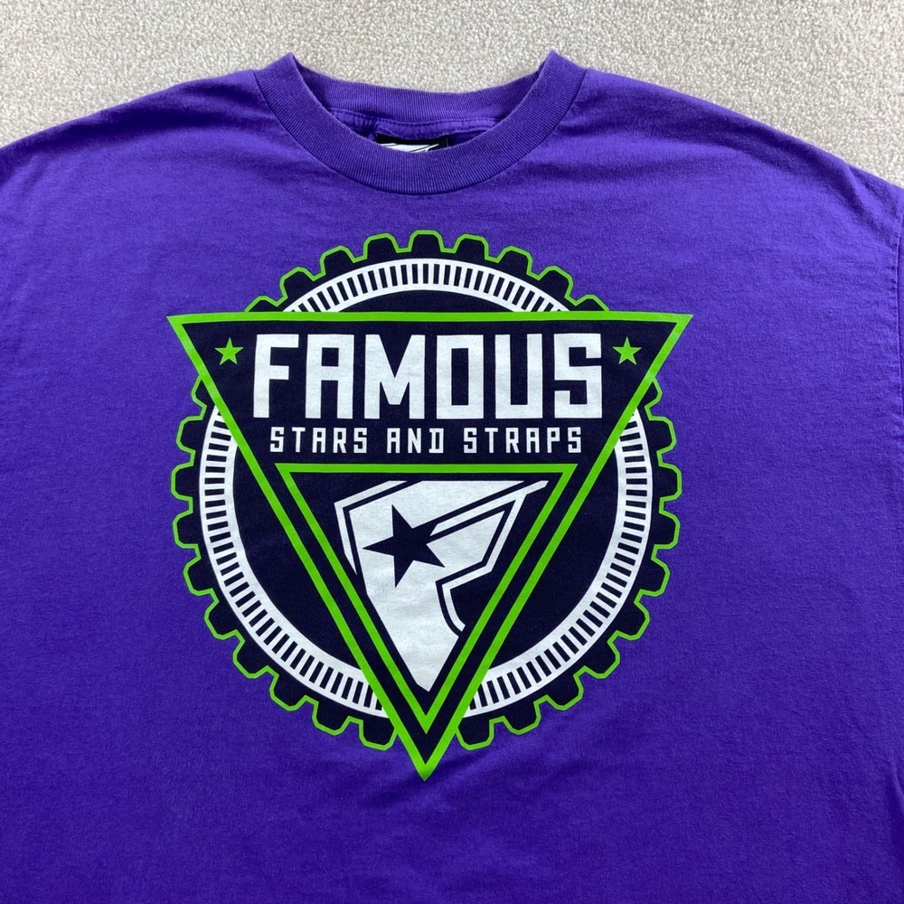 Y2K Famous Stars and Straps T-Shirt Mens 2XL Purple Neon Green Graphic Logo Tee
